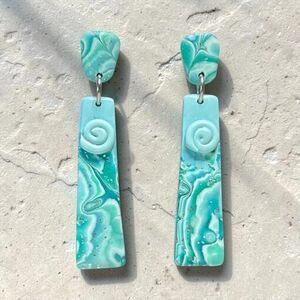 Handcrafted Blue Green & Silver Dangle Polymer Clay Earrings w/ Stainless Steel